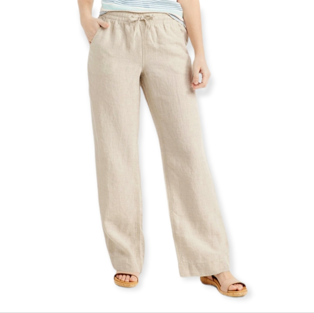 L.L. Bean Premium Washable Natural Oatmeal Linen Wide Leg Pull-On Pants 18